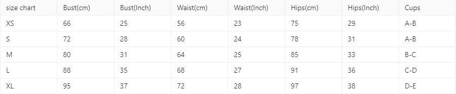 Size chart for self tie black string bikini showing measurements for bust waist hips and cups in XS to XL