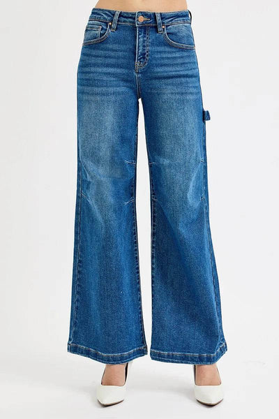 RISEN Full Size High Rise Wide Leg Patch Detailed Jeans - Fashions Envy