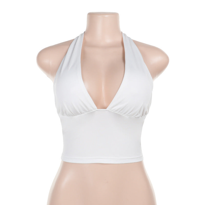 Trendsi white Stretch Crop Top halter with deep V neckline sleeveless fitted summer layering piece