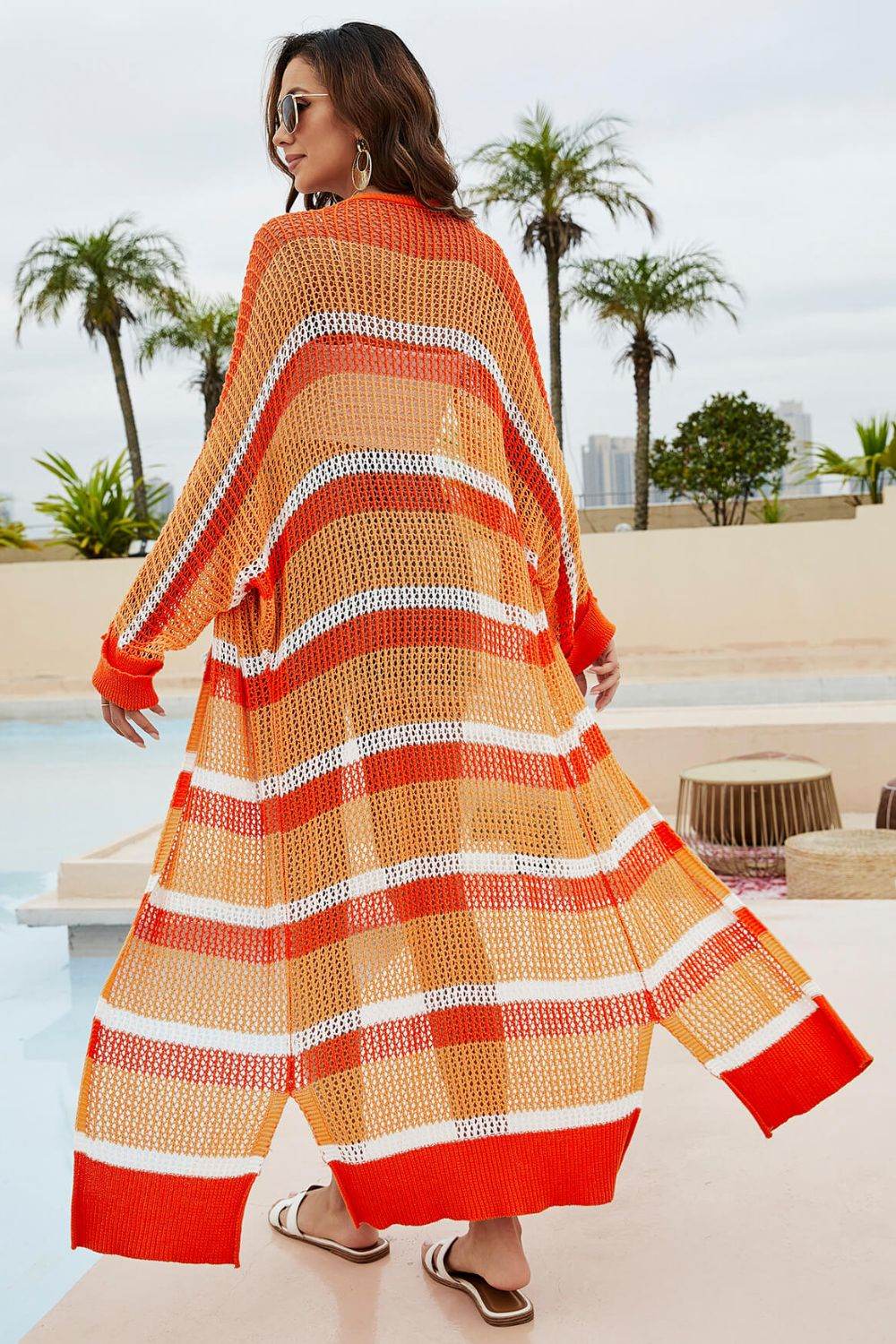 Striped Open Front Side Slit Duster Cover Up - Fashions Envy