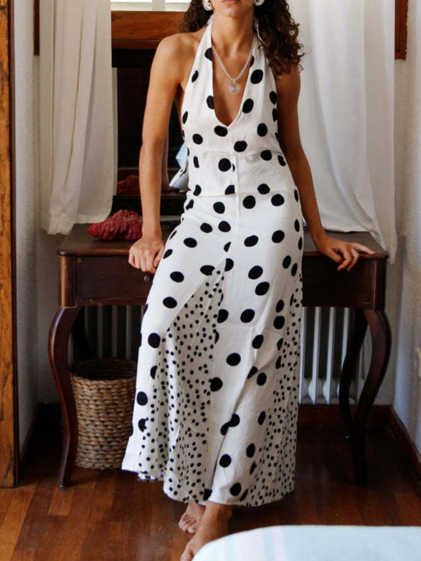 white halter polka dot maxi dress Women's Backless Neck Maria.B 2502-A