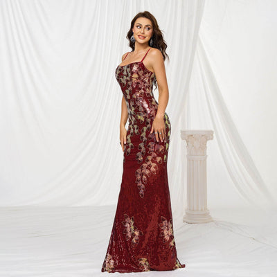 Stunning Sequined Fishtail Wedding Dress in burgundy with elegant floral patterns and fitted silhouette