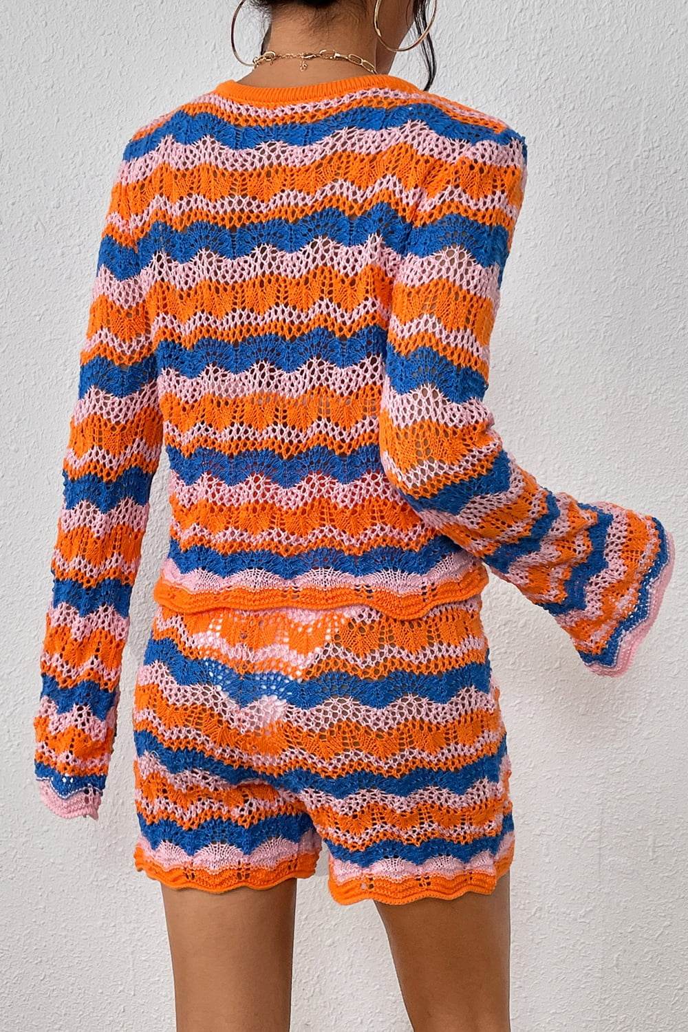 Trendsi Sweater and Knit Shorts Set in Colorful Wavy Pattern with Long Sleeves and Stylish Shorts