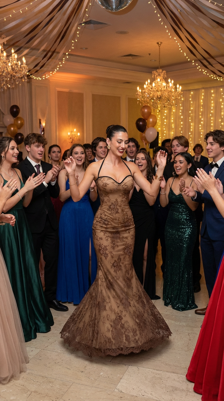 Light Brown Crochet Lace Maxi Dress - Sweetheart Neck Prom