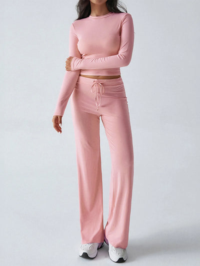 Trendsi Pink Top and Pant Set with Long Sleeves and Drawstring Waist for Comfortable Casual Wear