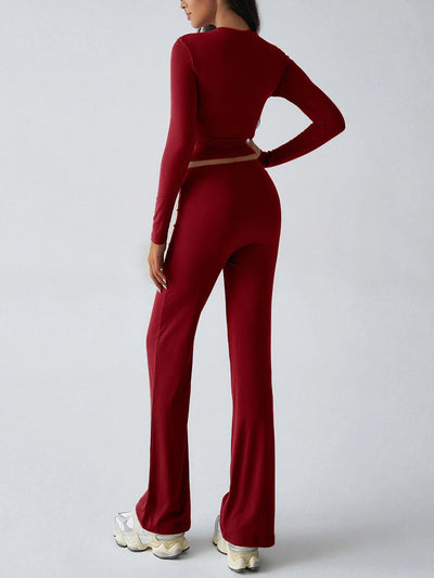 Trendsi Burgundy Top and Pant Set featuring a fitted long-sleeve top and flared pants for a stylish look