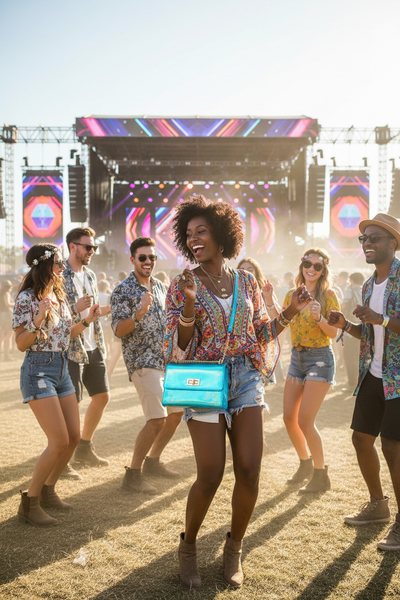Turquoise holographic crossbody bag at outdoor music festival