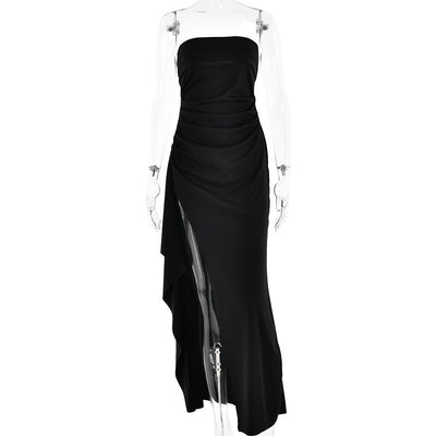 Elegant Strapless Maxi Dress in Black with a High Slit and Ruched Detailing for Sophisticated Style