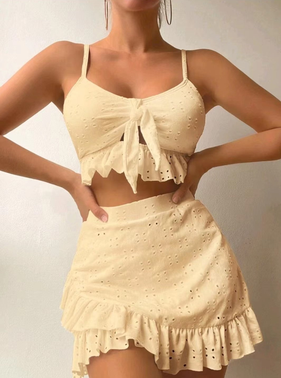 Trendsi ruffle design beach bikini set in beige with eyelet fabric and adjustable straps