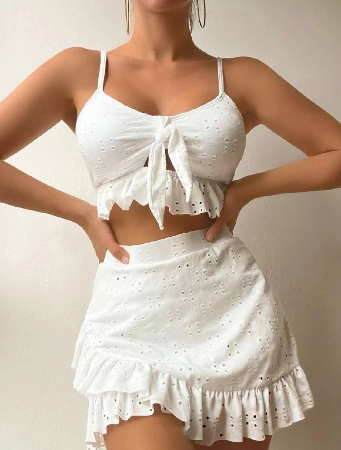 Trendsi white Ruffle Design Beach Bikini with eyelet fabric and front tie detail