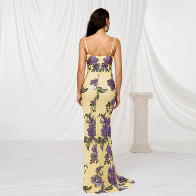 Elegant Wedding Dress with Brace Detail featuring floral patterns and a fitted silhouette