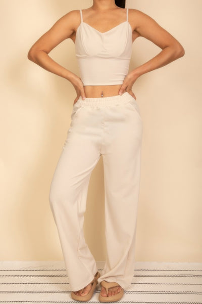 Stylish Wide Leg Pants Set in Cream with a Matching Cropped Top for a Chic Look