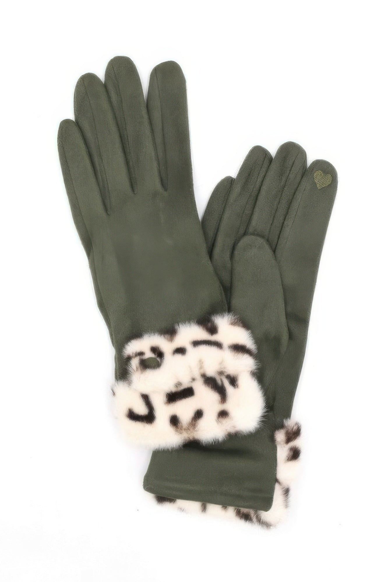 CCWHOLESALECLOTHING leopard faux fur smart touch gloves olive long winter gloves with heart detail
