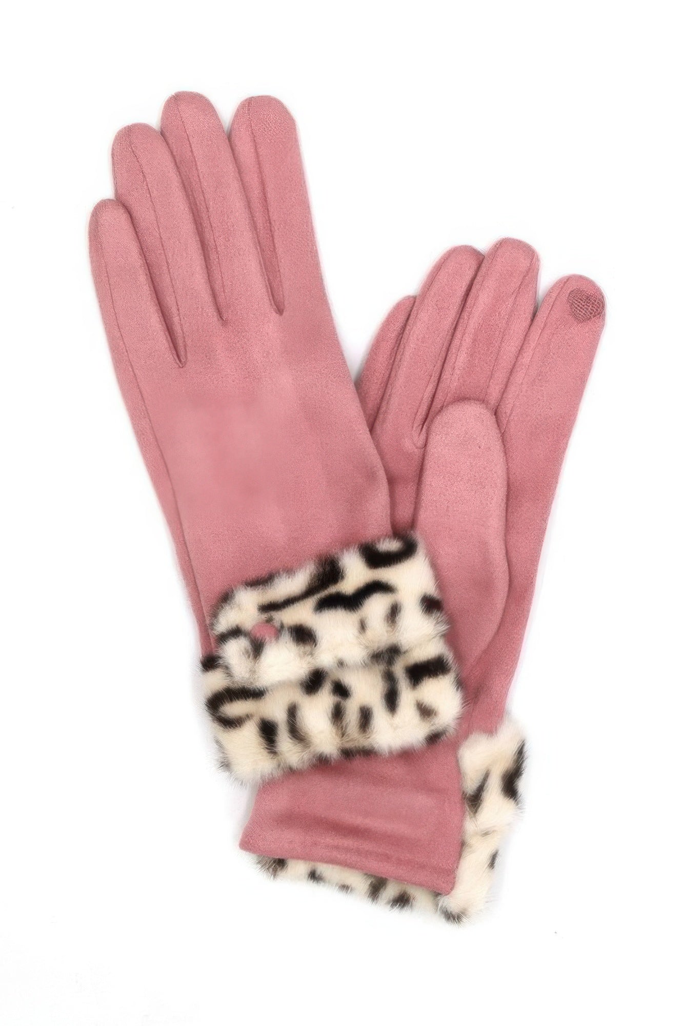 CCWHOLESALECLOTHING pink suede wrist gloves with leopard faux fur smart touch gloves style and touchscreen fingertip