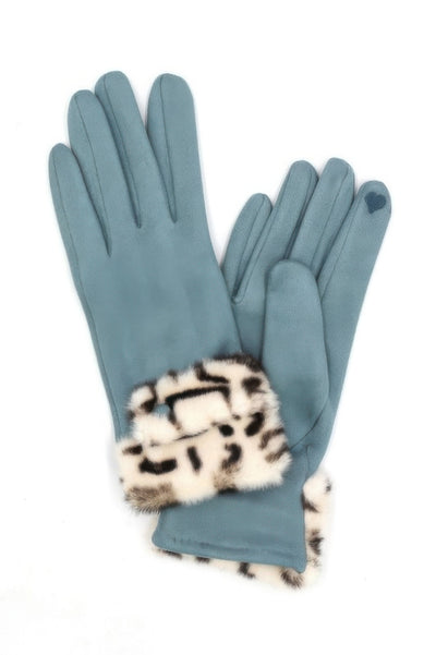 CCWHOLESALECLOTHING teal leather gloves with leopard faux fur cuff and touchscreen detail leopard faux fur smart touch gloves